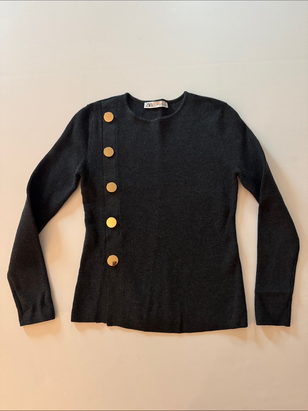 Zara Black Knit Top with Gold Disc Buttons Medium